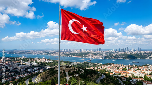 The Turkish flag flies high above a scenic cityscape with a large body of water and cloudy sky