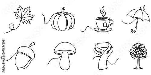 Autumn cozy continuous line art icons set. Minimalist one line drawing of pumpkin, maple leaf, hot tea cup, mushroom, scarf, and umbrella isolated vector collection