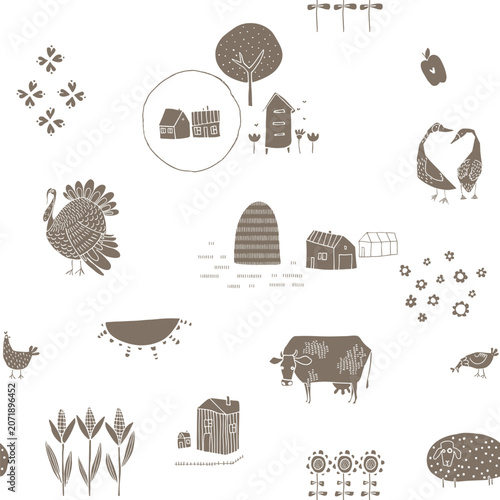 Seamless pattern of monochrome farm motifs. Silhouettes of farm animals, houses, harvests, and flowers.