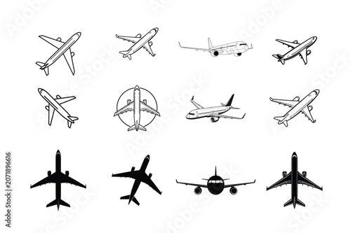Commercial Airplane Vector Icon Set Featuring Passenger Jet Aircraft Silhouettes and Aviation Transportation Symbols