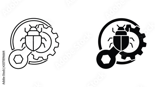 Software bug repair and maintenance vector icon set featuring insect inside gear and wrench symbol for technical troubleshooting and system optimization visual assets on white background