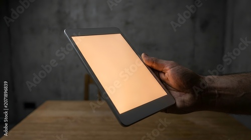 Hand holding tablet computer with blank screen in a dimly lit room