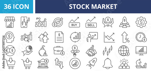 Stock market web banner icon set outline vector illustrations concept with icon investment, financial, economy, finance, chart, business, market