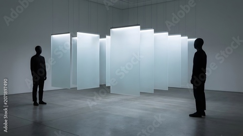 Minimalist Modern Art Installation with Illuminated Panels and Silhouetted Viewers