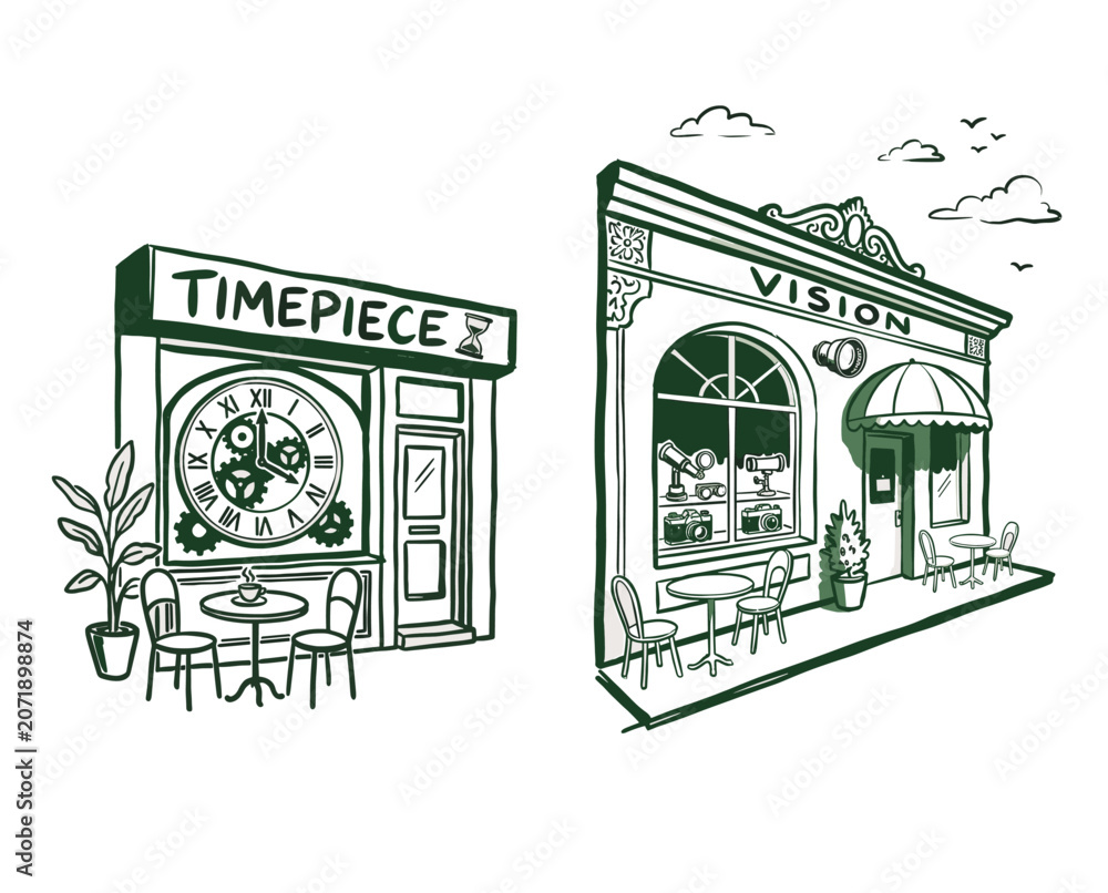 Fototapeta premium Vintage shopfront illustrations. Timepiece and vision boutique store facades. Hand drawn line art street scene. Small business retail concept.