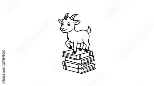 Cute Cartoon Goat Reading Stack of Books on White Background Illustration