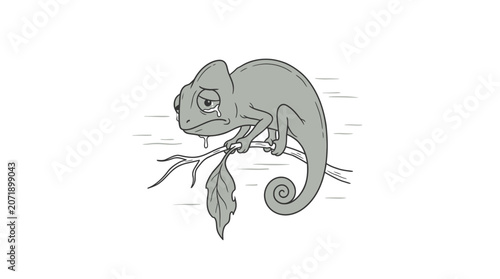 Outlined Chameleon Character Walking on Branch Line Art Illustration