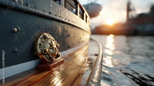 Naval Emblem on Ship Bow: A close-up of a ship's wooden bow reveals a striking golden naval emblem, bathed in the warm, hazy glow of a sunrise or sunset over the water.