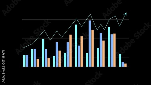Stylized bar chart and rising line graph business growth and financial performance animation