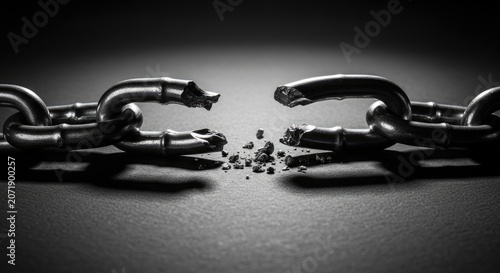 A broken chain lies in two pieces on a dark surface. The chain is silver and appears to have been forcefully shattered, with fragments scattered around.