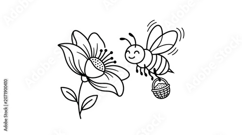 Honeybee Pollinating White Flower Illustration Minimalist Line Art Style