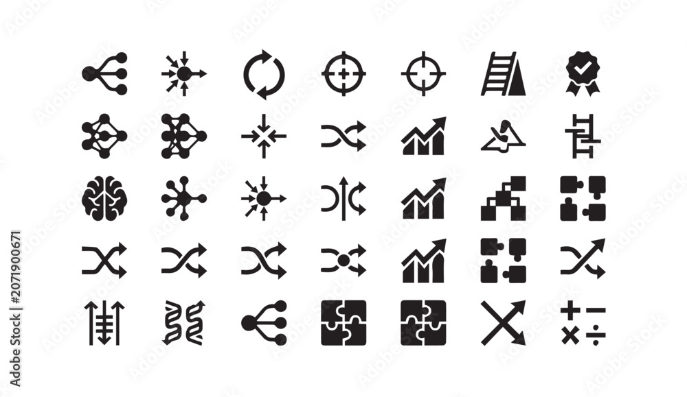 Naklejka premium Business strategy and data process optimization icon set with business, strategy