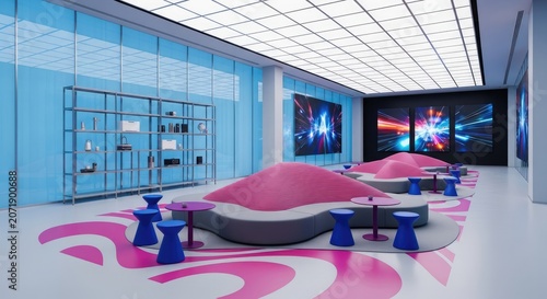 Modern futuristic waiting room with pink abstract floor patterns.