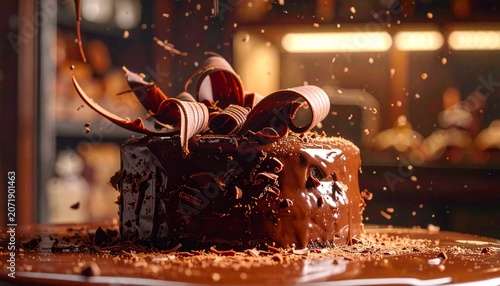 Shaved Dark Chocolate Curls Falling on Gourmet Cake
