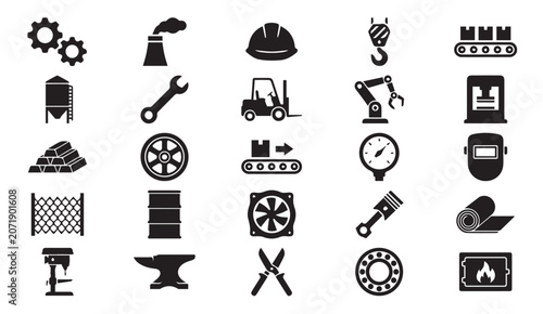 Industrial manufacturing and heavy machinery icon set with industrial, machinery