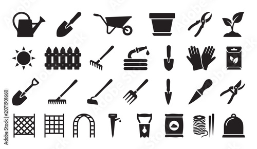 Gardening and horticulture equipment icons black silhouette set with gardening