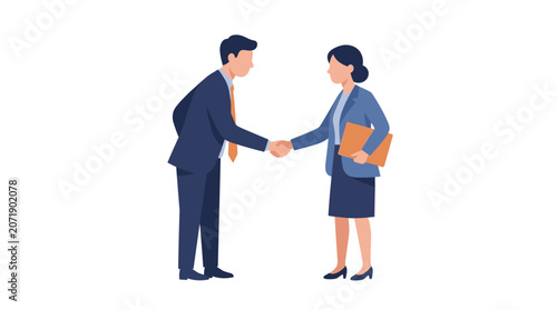 Business man and woman shaking hands during professional meeting, partnership agreement vector illustration
