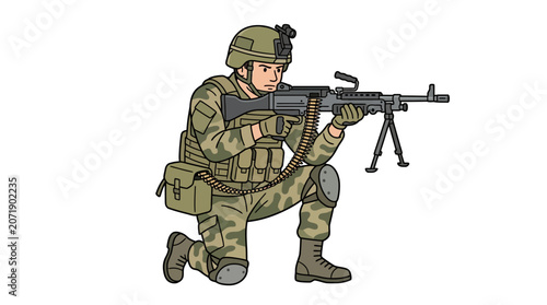 Tableau sur toile A soldier in camouflage gear and helmet kneels while aiming a large rifle with a bipod against a plain white background