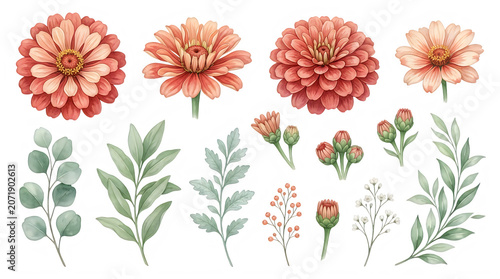 Watercolor illustration of pink flowers and green leaves isolated on transparent background