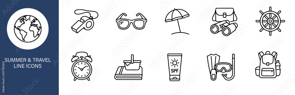 Obraz premium summer and travel line icon set, vacation beach tourism outline elements on transparent background