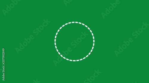 Minimalist white dashed circle animation on green screen background, for easy chroma, key compositing, 4k video.