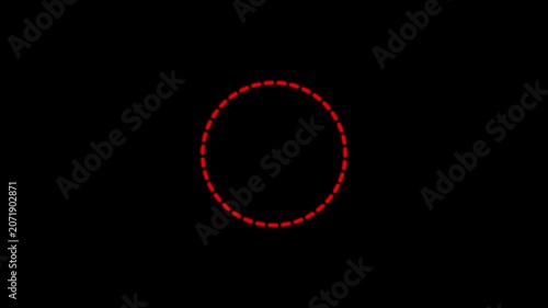 Red dashed circle loading animation on black background, minimalist UI ring,4k video.