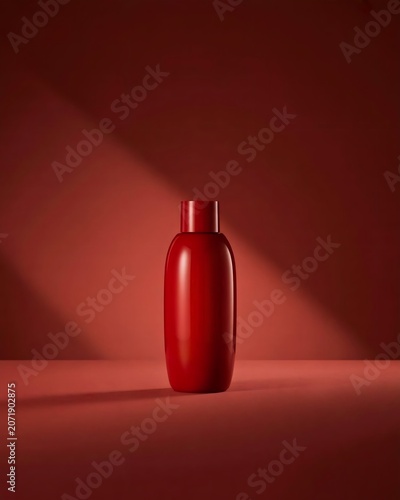 Red monochrome cosmetic bottle mockup with dramatic diagonal light shadow