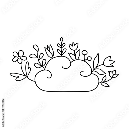 Scandinavian style cloud and garden flowers outline vector. Simple spring nature wildflower composition for kids coloring book or tattoo design.
