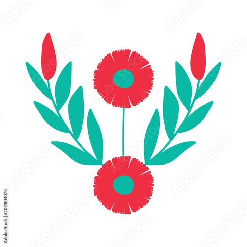 Minimalist folk floral laurel wreath with red geometric flowers. Ethnic botanical symmetrical vector illustration. Isolated clip art element on white background.