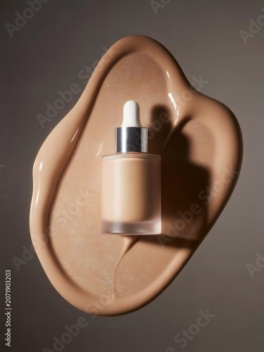 Liquid foundation smear with cosmetic dropper bottle mockup overhead view