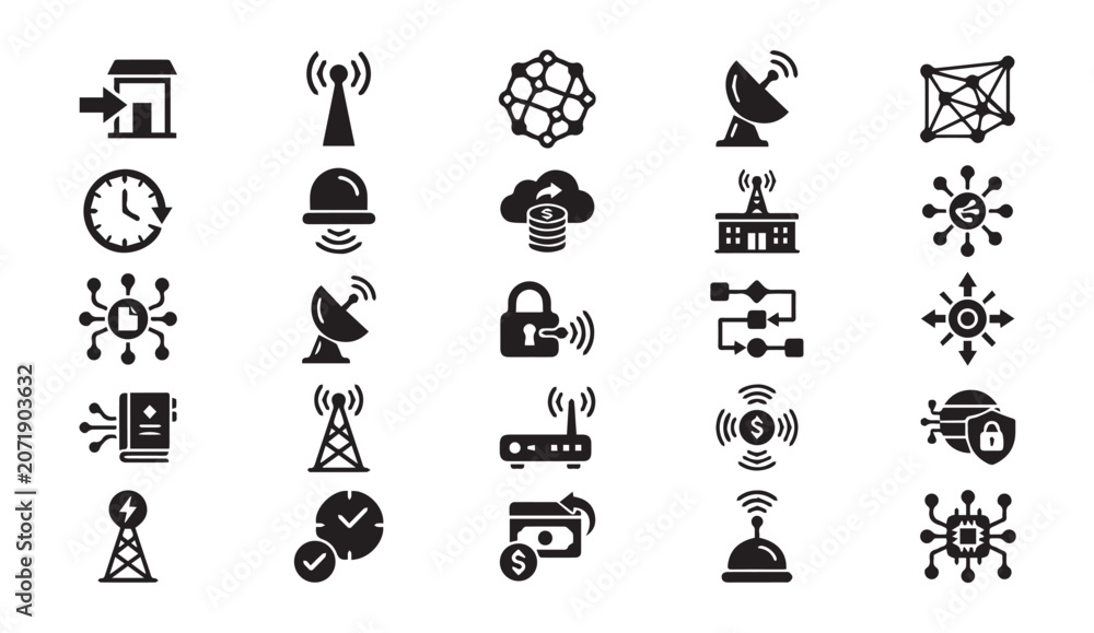Obraz premium Network and telecommunications technology solid icon set with telecommunications
