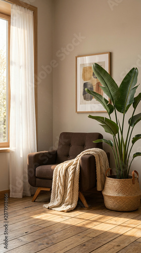 Minimalist cozy living room interior with a brown armchair and a large indoor plant in warm natural sunlight
