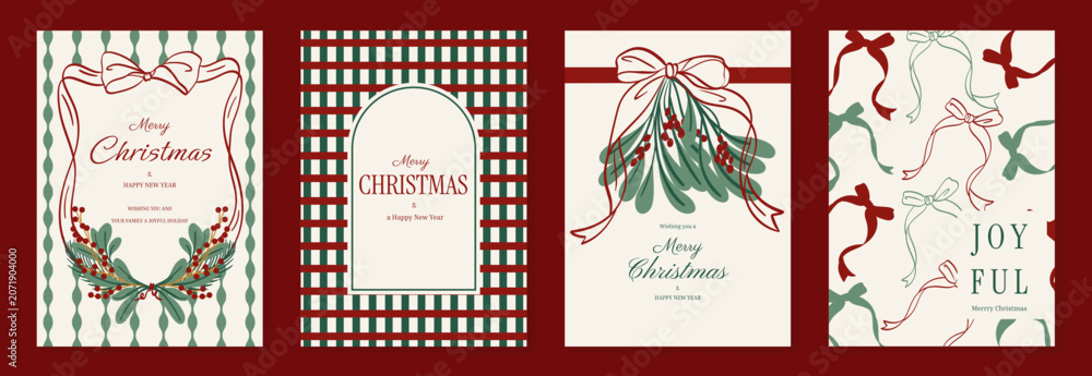 Fototapeta premium Vintage Christmas card vector template set. Elegant festive greeting designs with ribbons, tree, ornaments, holly frames and classic holiday typography for seasonal stationery.
