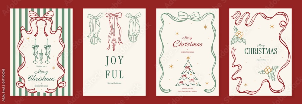 Fototapeta premium Vintage Christmas card vector template set. Elegant festive greeting designs with ribbons, tree, ornaments, holly frames and classic holiday typography for seasonal stationery.