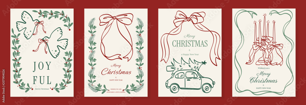 Fototapeta premium Vintage Christmas card vector template set. Elegant festive greeting designs with ribbons, tree, ornaments, holly frames and classic holiday typography for seasonal stationery.