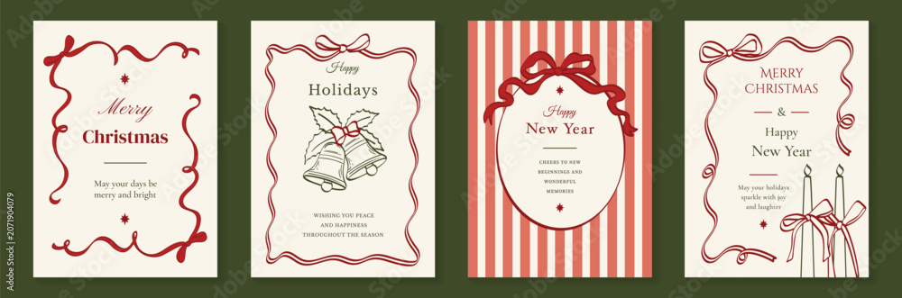 Fototapeta premium Vintage Christmas card vector template set. Elegant festive greeting designs with ribbons, tree, ornaments, holly frames and classic holiday typography for seasonal stationery.