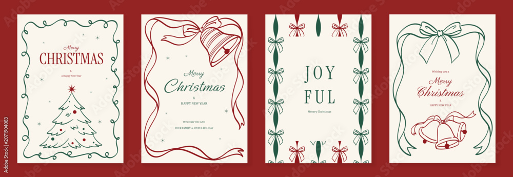 Fototapeta premium Vintage Christmas card vector template set. Elegant festive greeting designs with ribbons, tree, ornaments, holly frames and classic holiday typography for seasonal stationery.