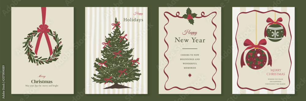 Fototapeta premium Vintage Christmas card vector template set. Elegant festive greeting designs with ribbons, tree, ornaments, holly frames and classic holiday typography for seasonal stationery.