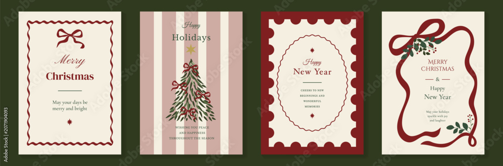 Fototapeta premium Vintage Christmas card vector template set. Elegant festive greeting designs with ribbons, tree, ornaments, holly frames and classic holiday typography for seasonal stationery.