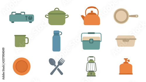 Camping Cooking Essentials Flat Vector Icons Collection Set