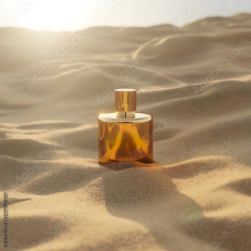 Luxury golden perfume bottle mockup standing on desert sand dunes