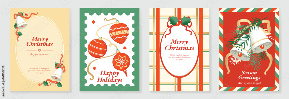 Fototapeta premium Vintage Christmas card vector template set. Elegant festive greeting designs with ribbons, tree, ornaments, holly frames and classic holiday typography for seasonal stationery.