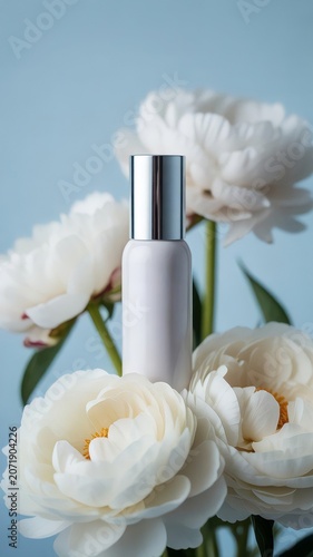 White cosmetic spray bottle mockup with beautiful white peony flowers background