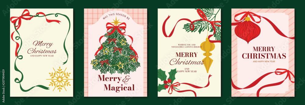 Fototapeta premium Vintage Christmas card vector template set. Elegant festive greeting designs with ribbons, tree, ornaments, holly frames and classic holiday typography for seasonal stationery.