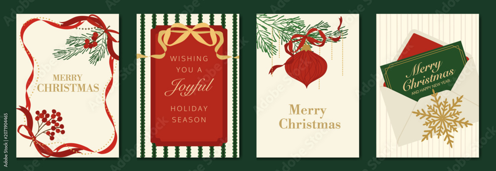 Fototapeta premium Vintage Christmas card vector template set. Elegant festive greeting designs with ribbons, tree, ornaments, holly frames and classic holiday typography for seasonal stationery.