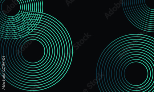 Abstract black background with glowing turquoise concentric circles and overlapping line patterns, featuring a futuristic geometric layout with spacious copy area.