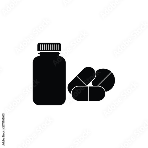 Medicine bottle with capsules icon in a clean silhouette style, representing pharmaceuticals, healthcare, medication, treatment, prescription, and medical supplies.