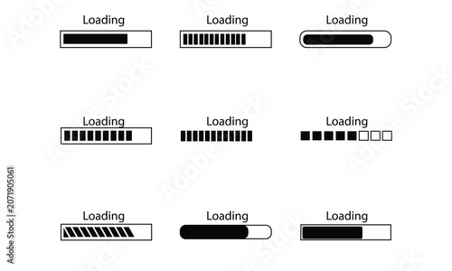 Collection of loading bar and progress indicator styles in a simple vector layout, showcasing multiple interface designs for status tracking, buffering, and completion displays.