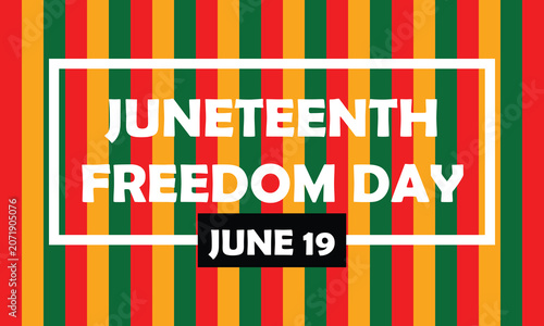 Juneteenth Freedom Day banner with bold typography over vibrant red, yellow, green, and black striped background, celebrating emancipation, heritage, unity, and cultural pride.