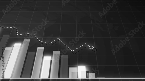 Declining bar chart with downward trend, Blue bar chart with falling line graph decline in business data, finance performance and analytics animation